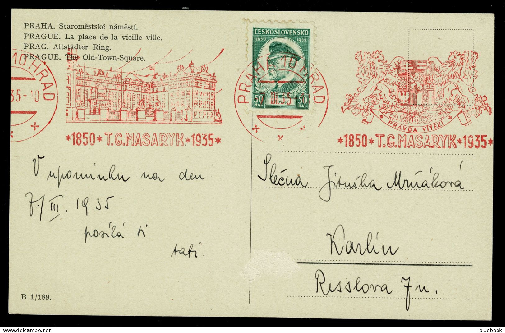 Ref 1644 - 1935 Prague Praha Postcard - Super Special Machine Postmark Czechoslovakia - Cartas & Documentos