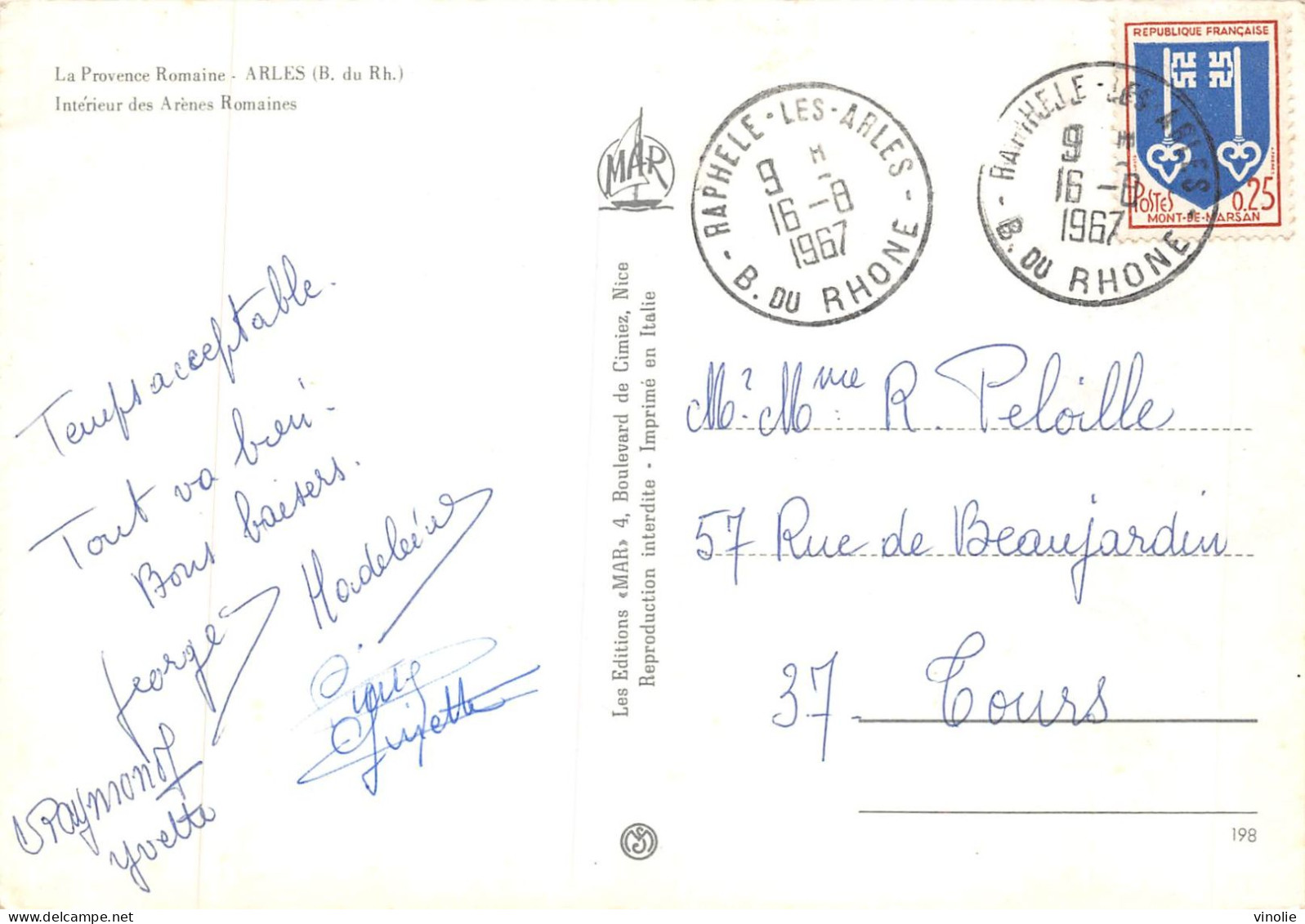 MO-24-397 :  OBLITERATION SUR CARTE POSTALE.  RAPHELE-LES-ARLES. BOUCHES-DU-RHONE. 16 AOUT 1967 - 1961-....