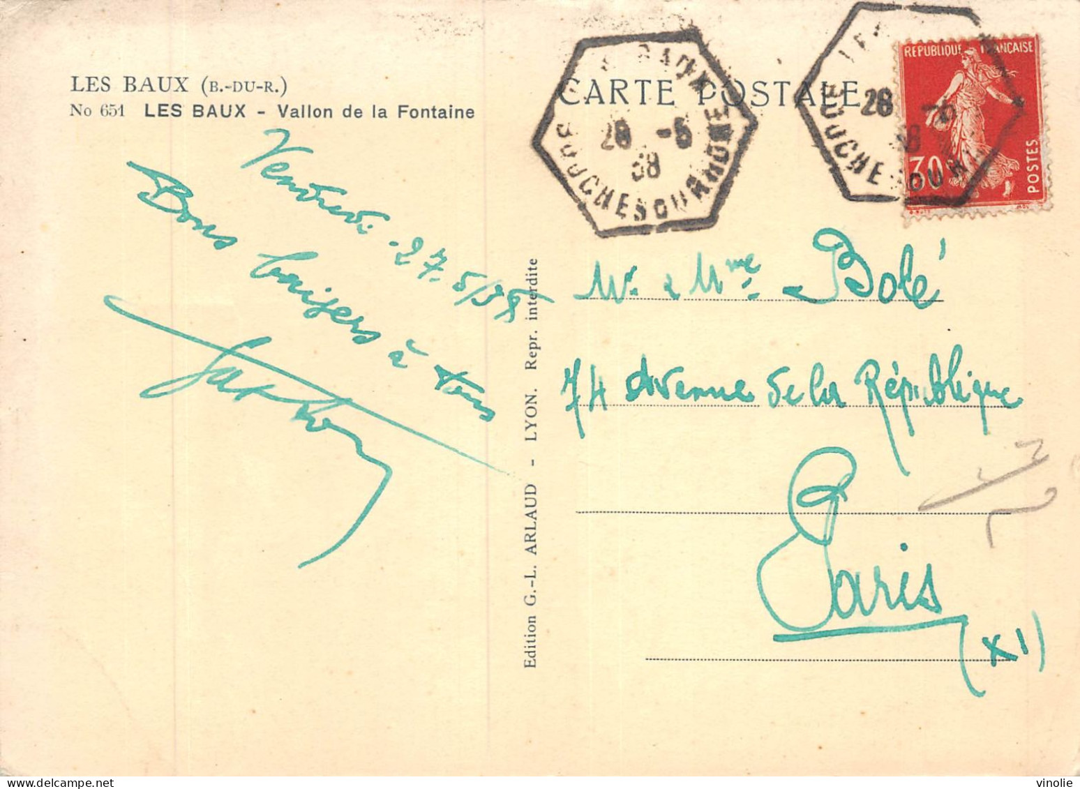 MO-24-398 :  OBLITERATION HEXAGONALE SUR CARTE POSTALE. LES BAUX. BOUCHES-DU-RHONE. 28 MAI 1938 - 1921-1960: Modern Tijdperk