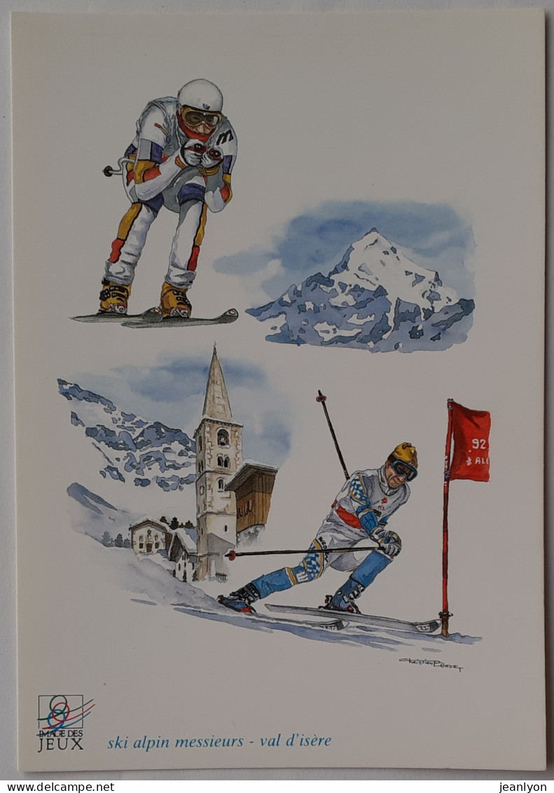 SKI ALPIN MESSIEURS - VAL ISERE - Skieur / Montagne Eglise - Jeux Olympiques -CP Reproduisant Aquarelle Christian Burdet - Winter Sports