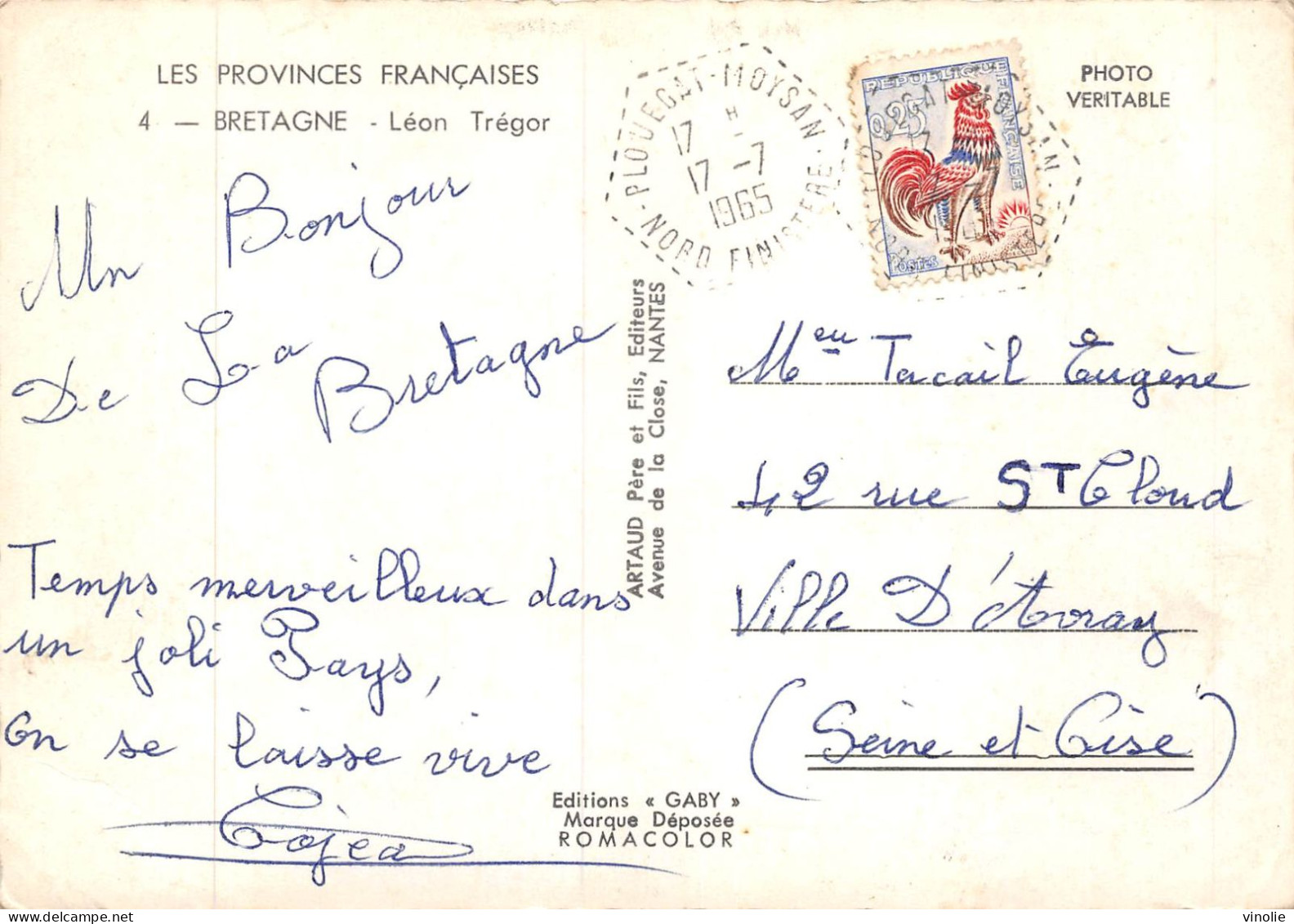 MO-24-399 :  OBLITERATION HEXAGONALE SUR CARTE POSTALE. PLOUEGAT-MOYSAN. NORD-FINISTERE. 17 JUILLET 1965 - 1961-....