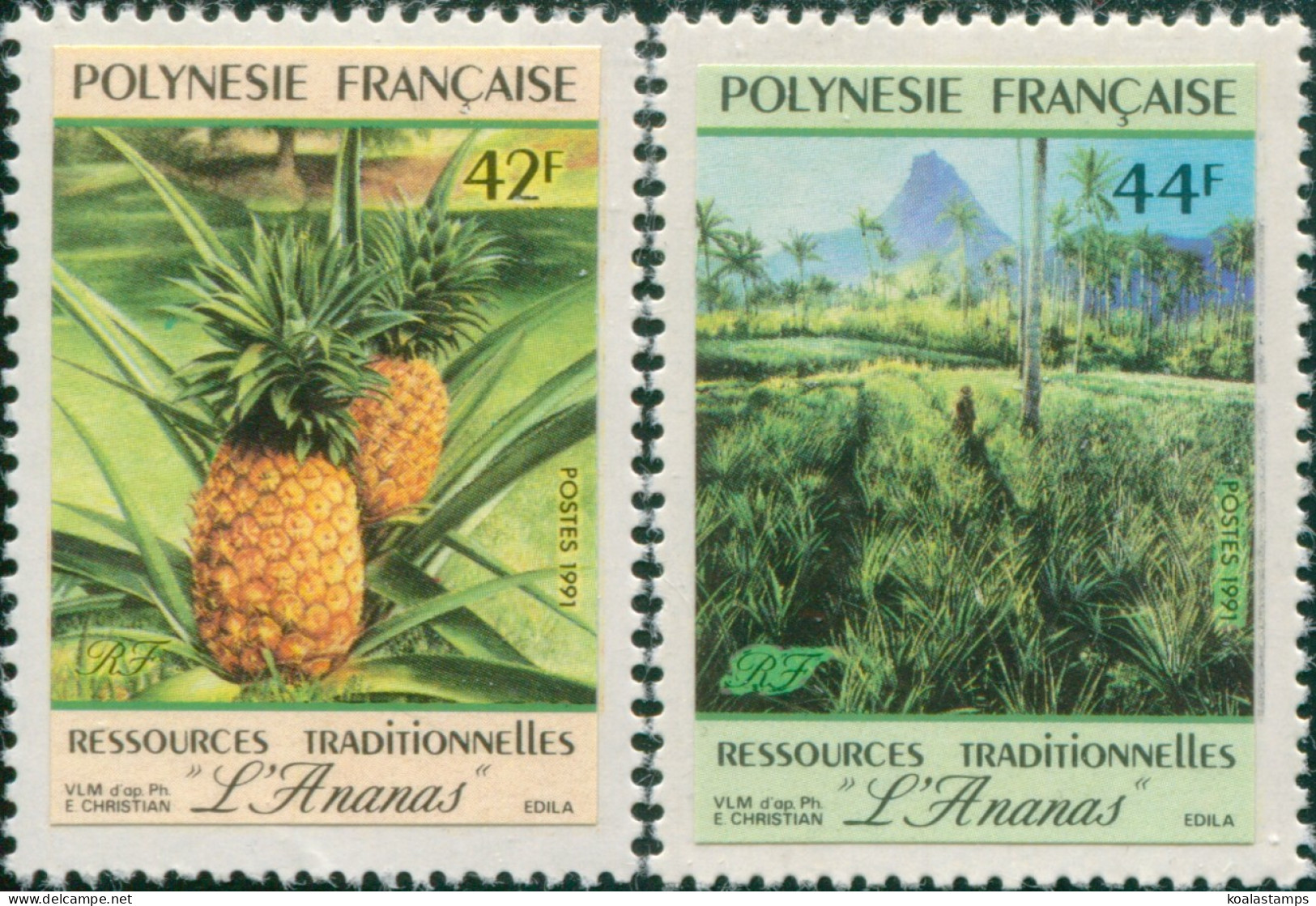 French Polynesia 1991 Sc#555-556,SG605-606 Pineapples Self Adhesive Set MNH - Sonstige & Ohne Zuordnung