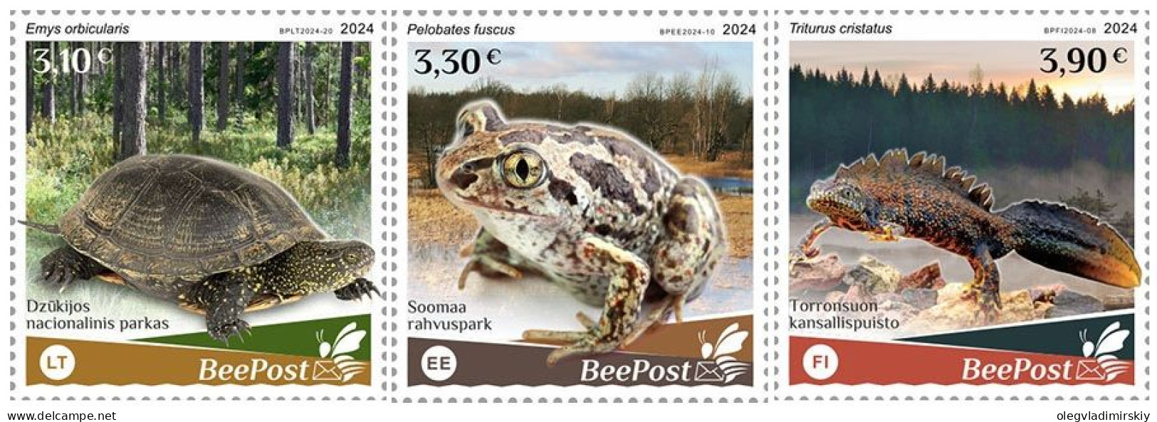 Estonia Finland Lithuania 2024 Water Fauna Frog Turtle Triton National Parks Europa BeePost Set Of 3 Stamps MNH - Tortues