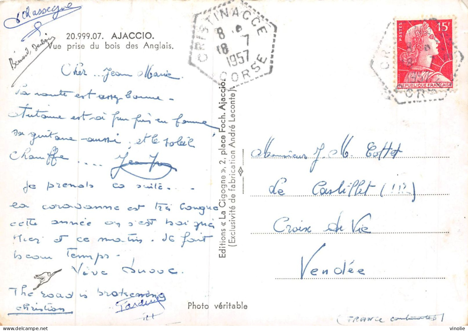 MO-24-400 :  OBLITERATION HEXAGONALE SUR CARTE POSTALE. CRISTINACCE. CORSE. 18 JUILLET 1957 - 1961-....