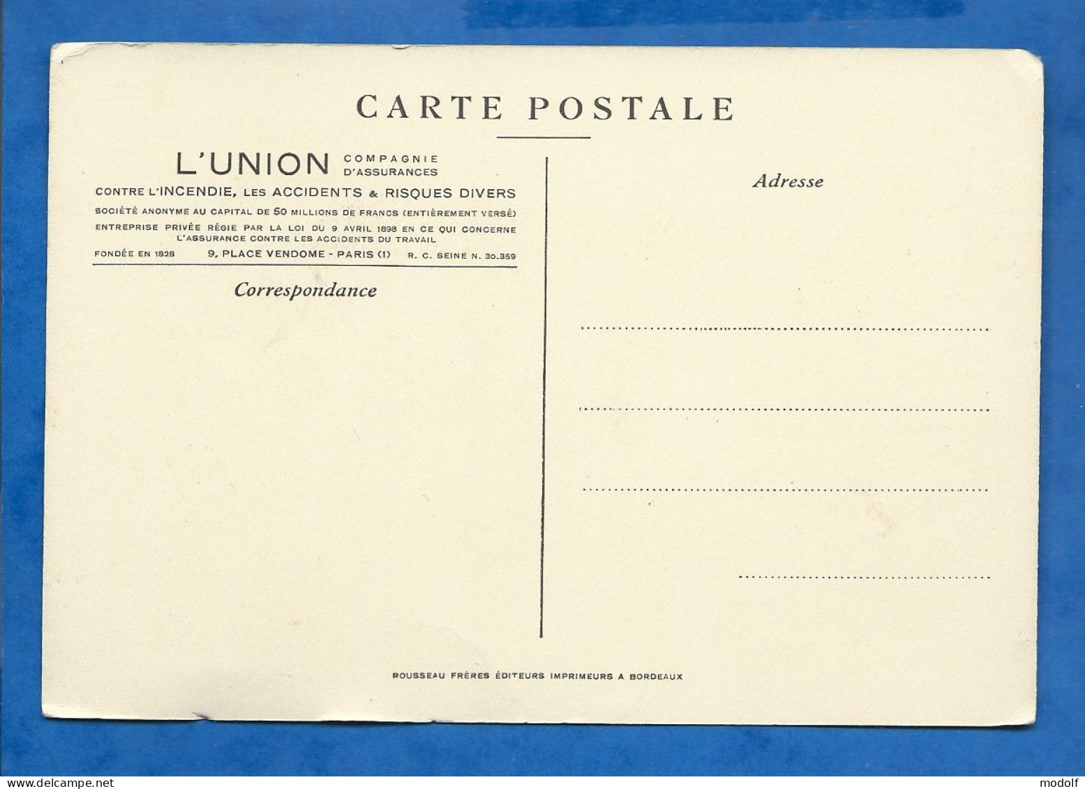 CPA Publicitaire - 75 - Compagnie D'Assurances L'Union En Son Hôtel, 9 Place Vendôme, Paris - Non Circulée - Andere Monumenten, Gebouwen