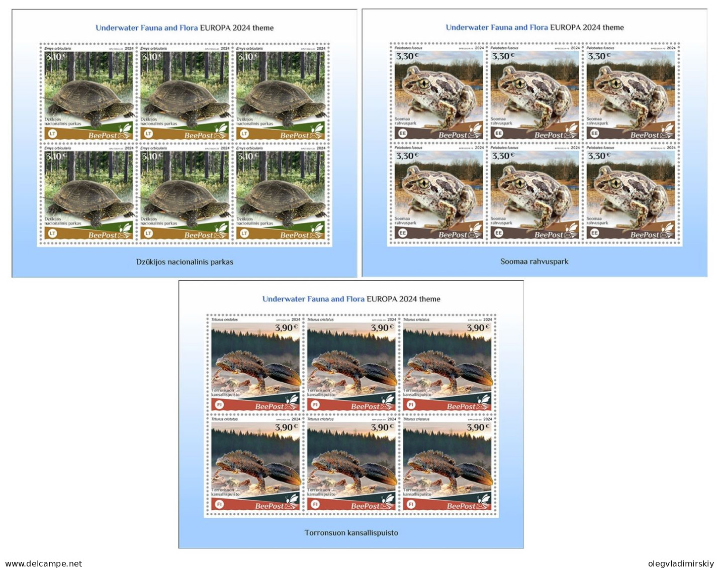 Estonia Finland Lithuania 2024 Water Fauna Frog Turtle Triton National Parks Europa BeePost Set Of 3 Sheetlets MNH - Schildkröten