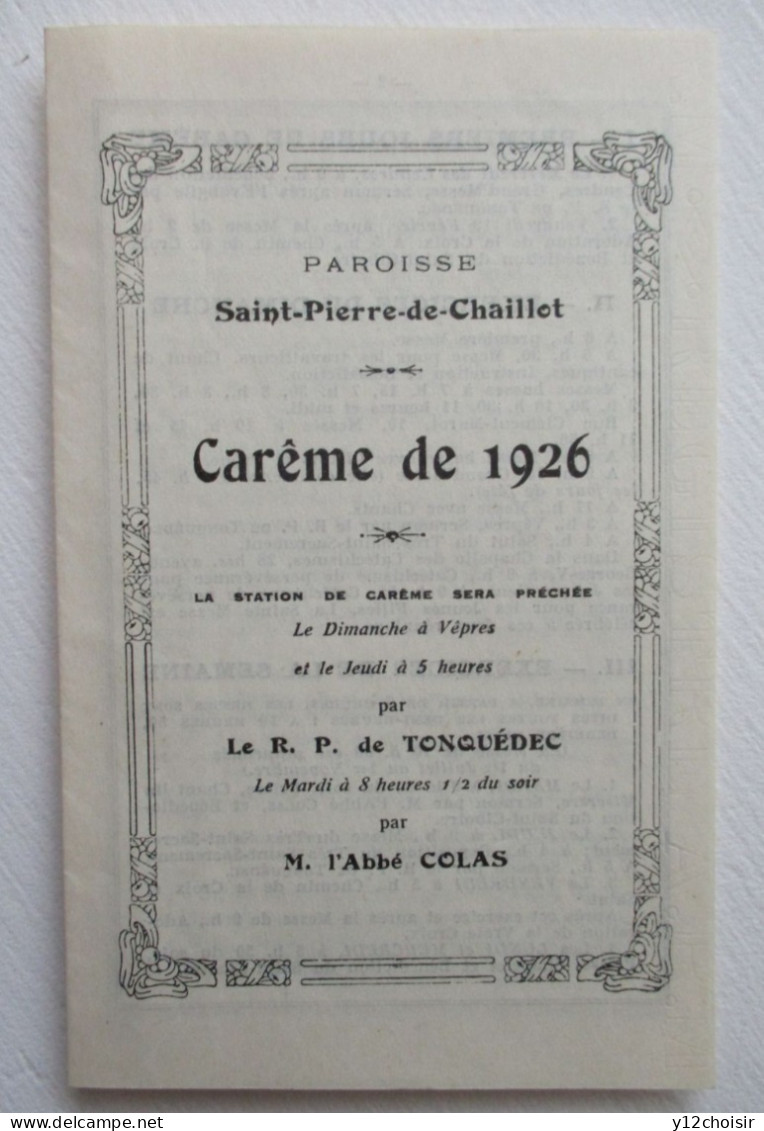 DEPLIANT PAROISSE SAINT-PIERRE-DE-CHAILLOT  CAREME DE 1926 PAR LE R.P. DE TONQUEDEC & L' Abbé COLAS . PARIS 16 ème - Godsdienst & Esoterisme