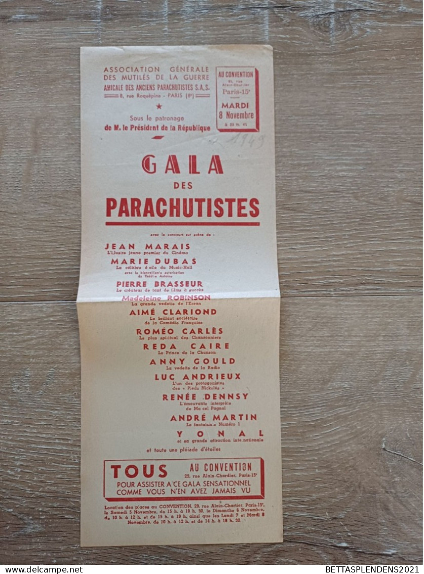 Amicale Des Anciens Parachutistes - GALA Des PARACHUTISTES (1949 ?) Avec Le Concours De Jean MARAIS, Pierre BRASSEUR Etc - Werbung