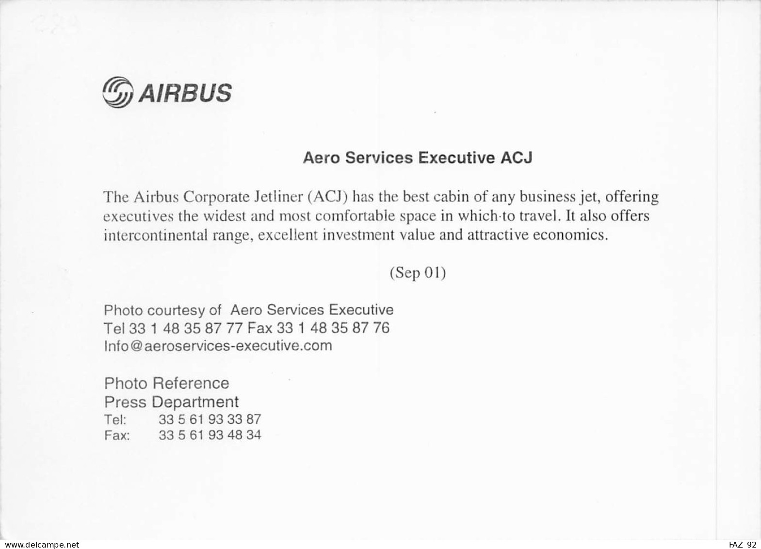 Airbus ACJ - +/- 180 X 130 Mm. - Photo Presse Originale - Aviation