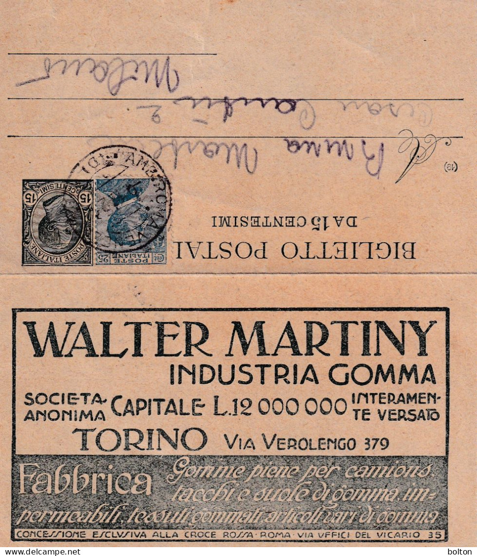 1919  Biglietto Postale 15c Con Aggiunta 25c Michetti Pubblicità MARTINY Gomme Per Automobiloi - Poststempel