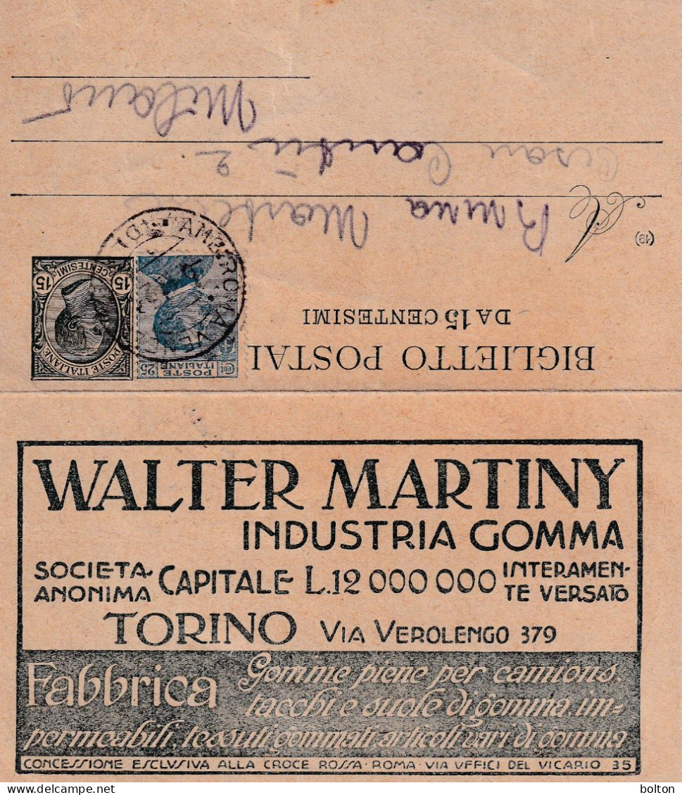 1919  Biglietto Postale 15c Con Aggiunta 25c Michetti Pubblicità MARTINY Gomme Per Automobiloi - Storia Postale