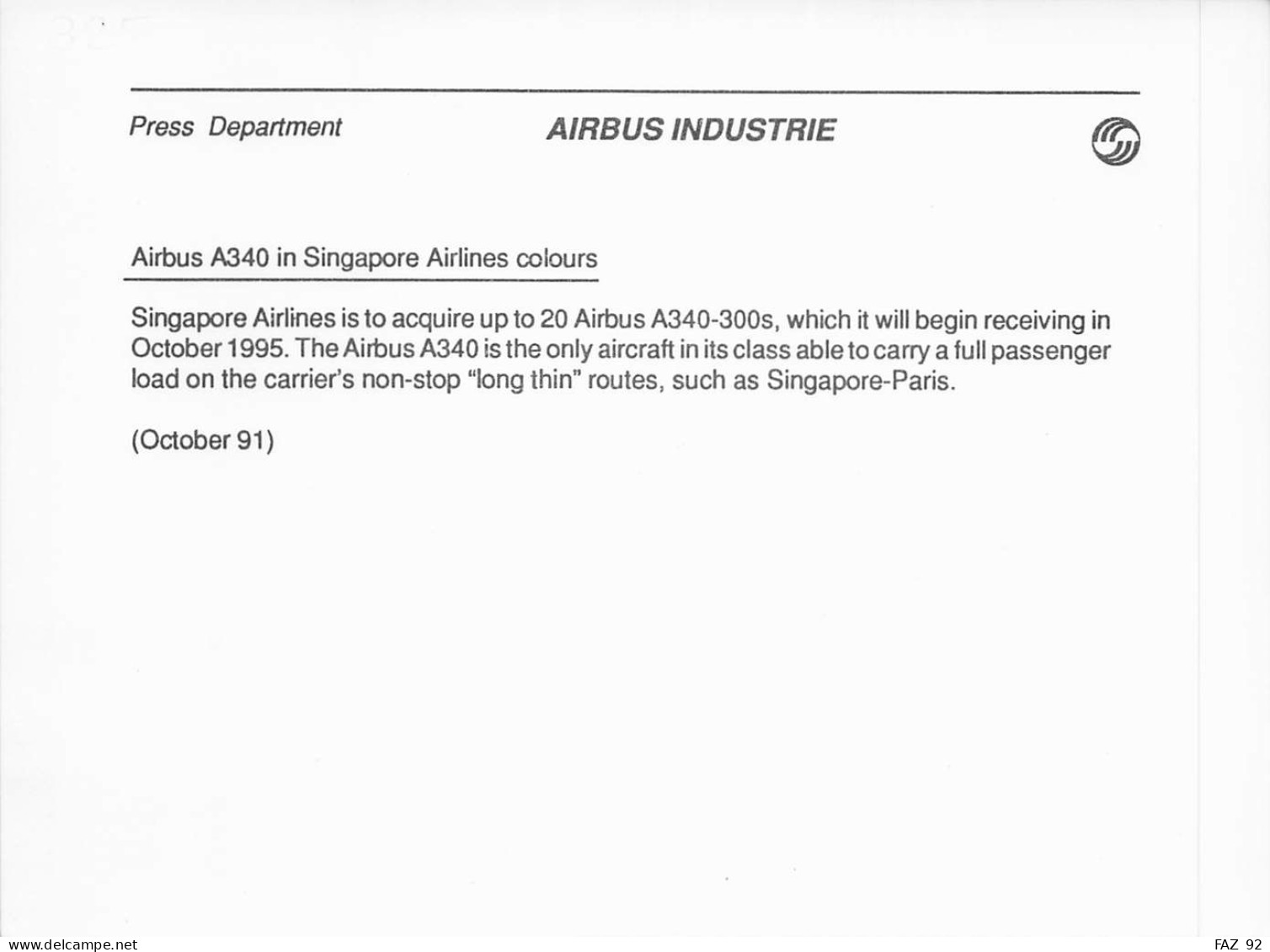 Airbus A340 - Singapore Airlines - +/- 180 X 130 Mm. - Photo Presse Originale - Aviación