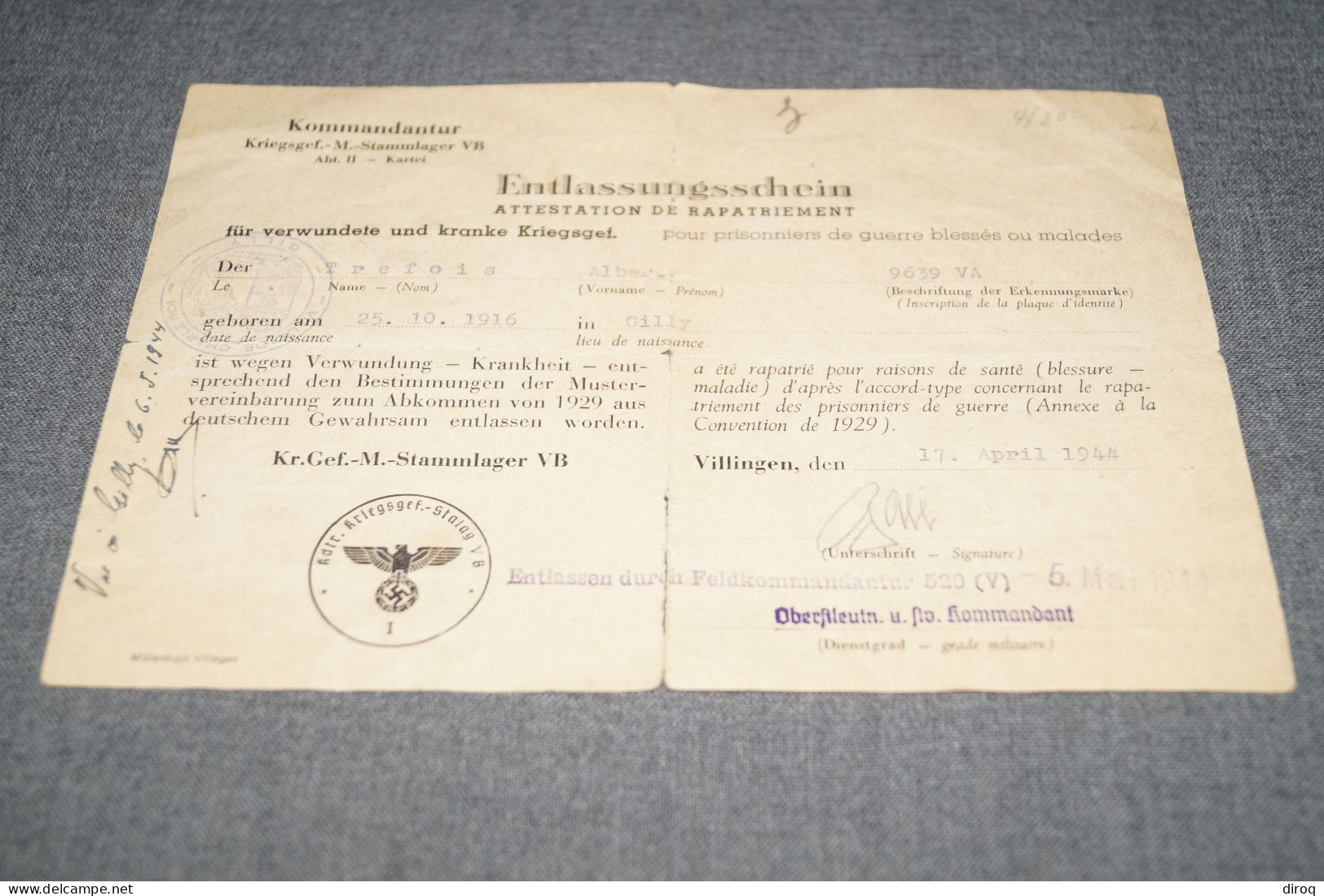 Guerre 40-45, Attestation De Rapatriement Allemand Pour Albert Tréfois,1944.original Pour Collection - 1939-45