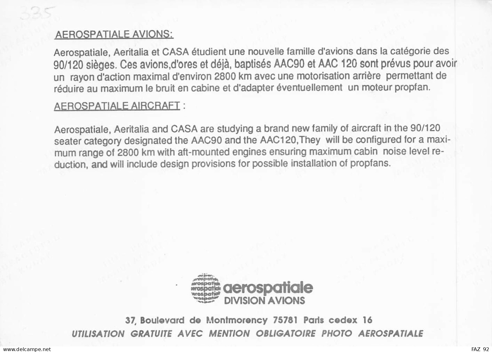 Aerospatiale - Aeritalia Projet AAC 90 & AAC 120 - +/- 180 X 130 Mm. - Photo Presse Originale - Aviación