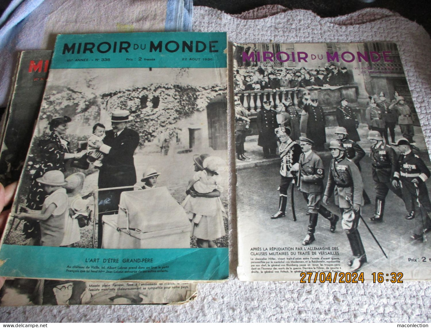 lot de 19 Magazines Miroir du Monde 1934 à 1936 1 Paris Match 1939 Guerre Politique Société Sport