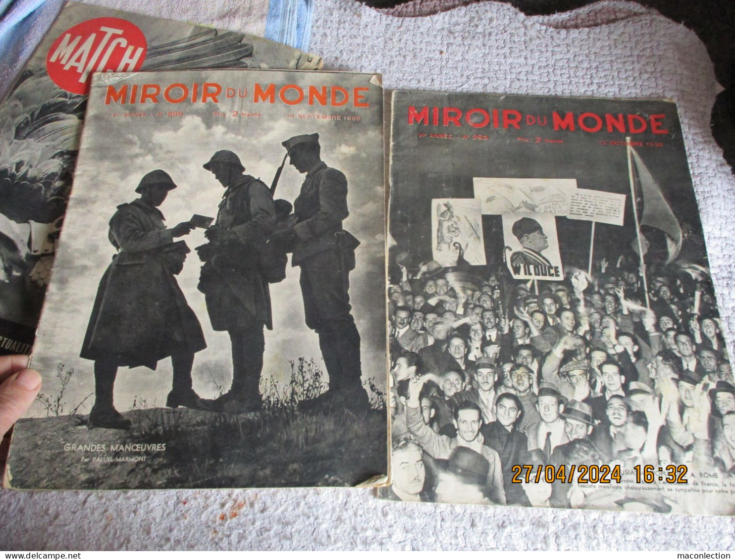 lot de 19 Magazines Miroir du Monde 1934 à 1936 1 Paris Match 1939 Guerre Politique Société Sport