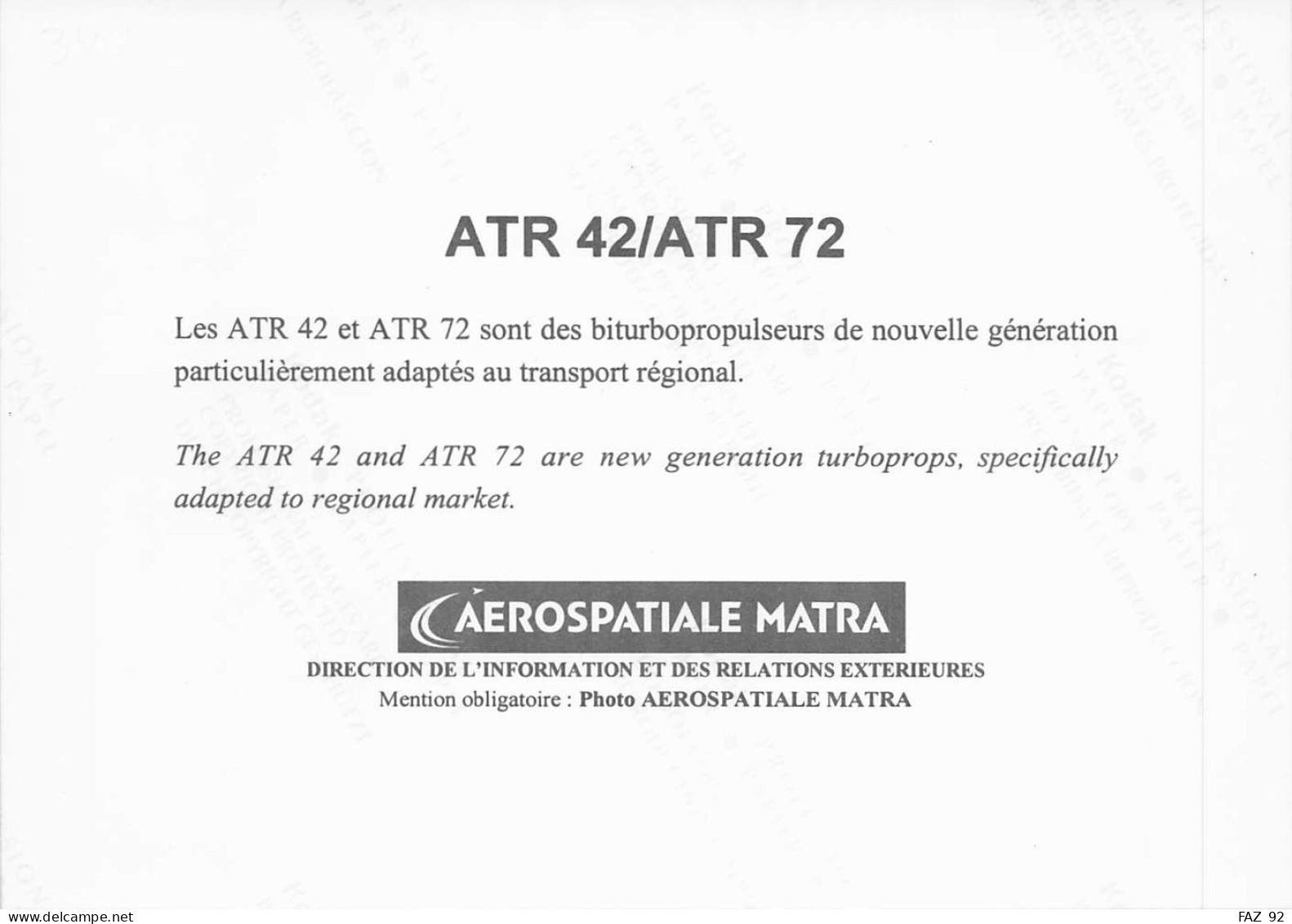 ATR 42 - ATR 72 - +/- 180 X 130 Mm. - Photo Presse Originale - Aviation