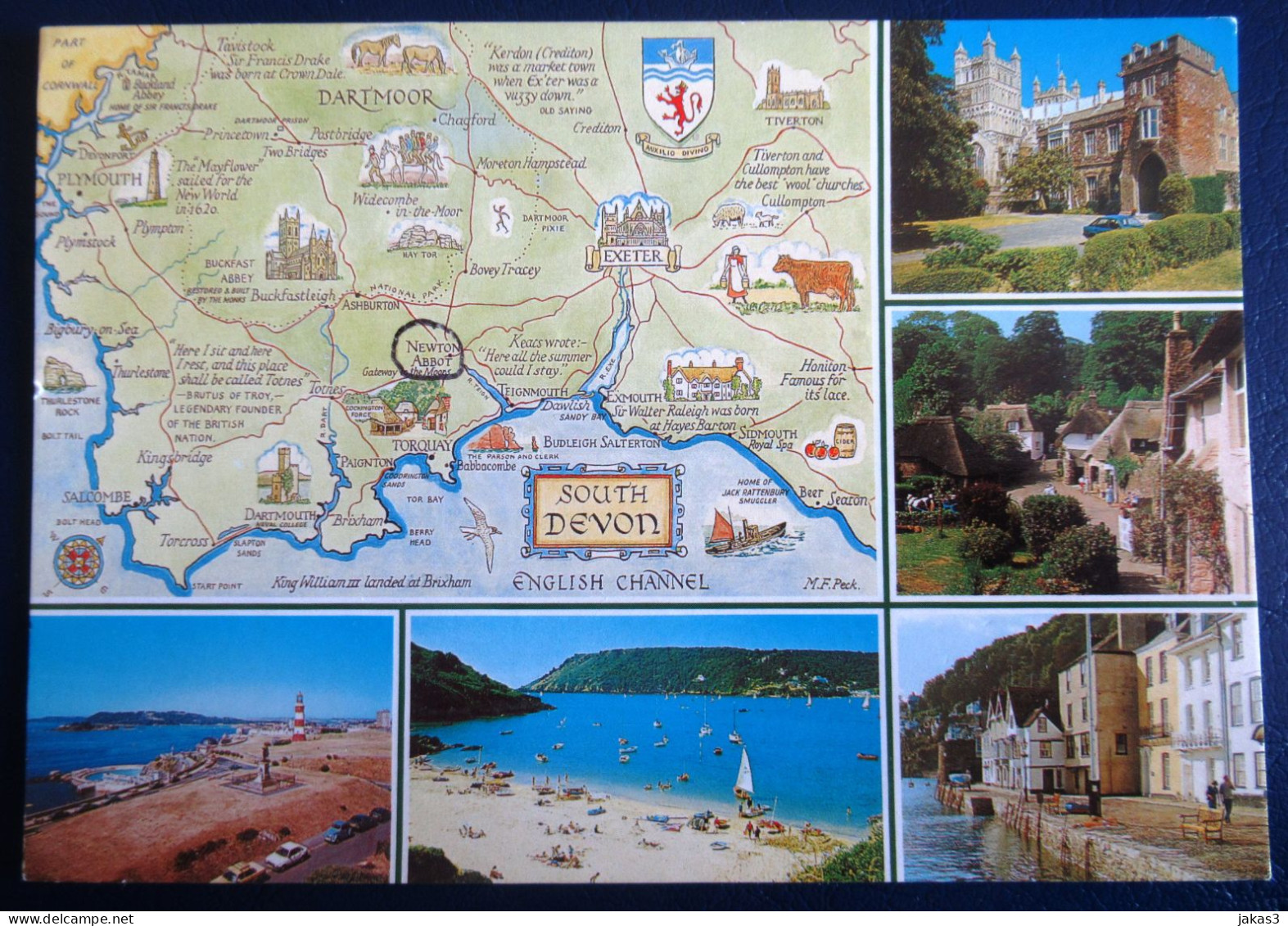 CPM CARTE POSTALE  CARTE GÉOGRAPHIQUE TOURISTIQUE DU SOUTH DEVON ( EXETER - COCKINGTON - DARTMOUTH)  ET MULTI-VUES - Cartes Géographiques