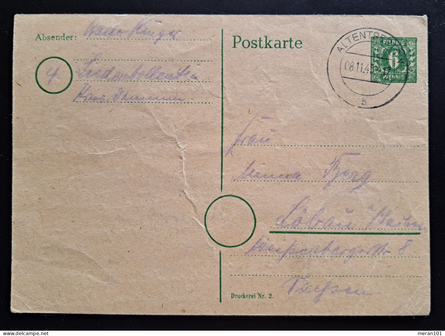 Mecklenburg-Vorpommern 1945, Postkarte Altentreptow Mi P6d - Brieven En Documenten