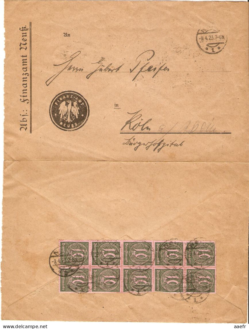 Allemagne 1923 - Enveloppe Du Service Des Impôts De Neuss - Dienstsache Vom Finanzamt Neuss - 10 X Service 33 - Brieven En Documenten