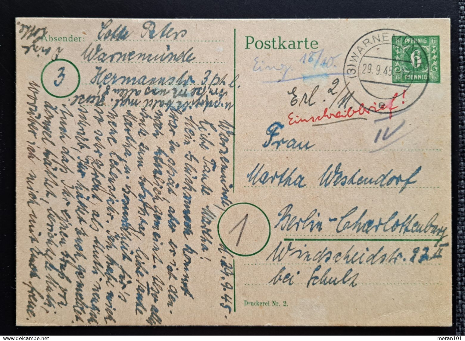 Mecklenburg-Vorpommern 1945, Postkarte Warnemünde Mi P5 - Brieven En Documenten