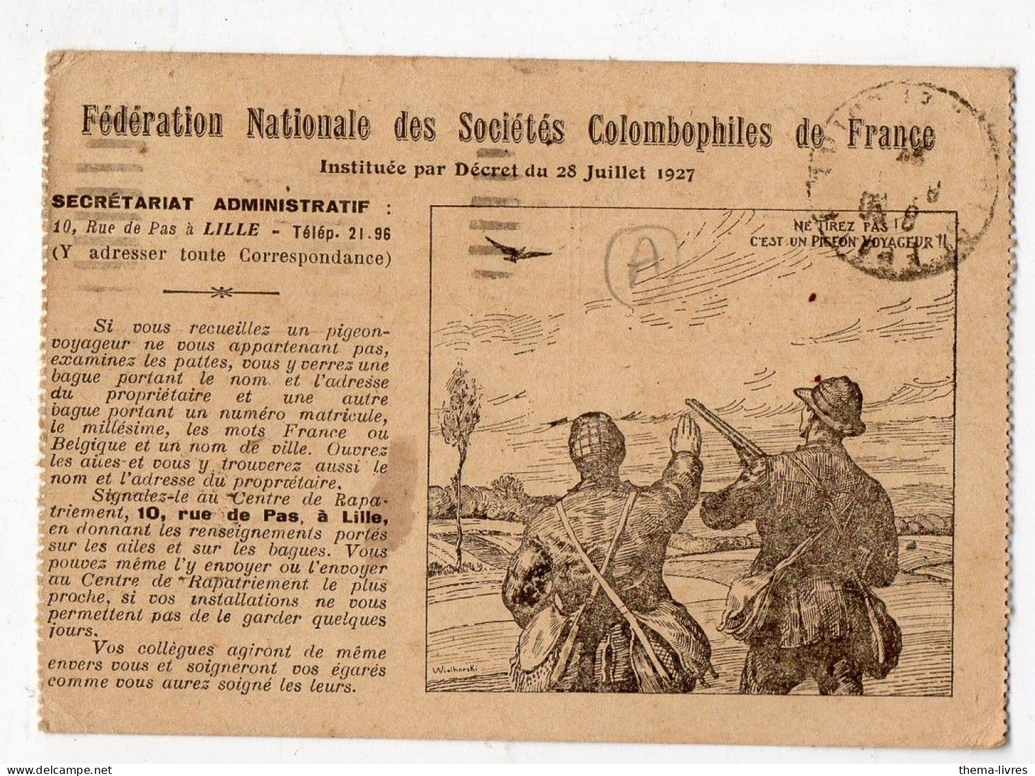 (colombophilie) Accusé Réception Du Signalement D'un Pigeon  Nov 1928    (PPP47264 / A) - Pájaros