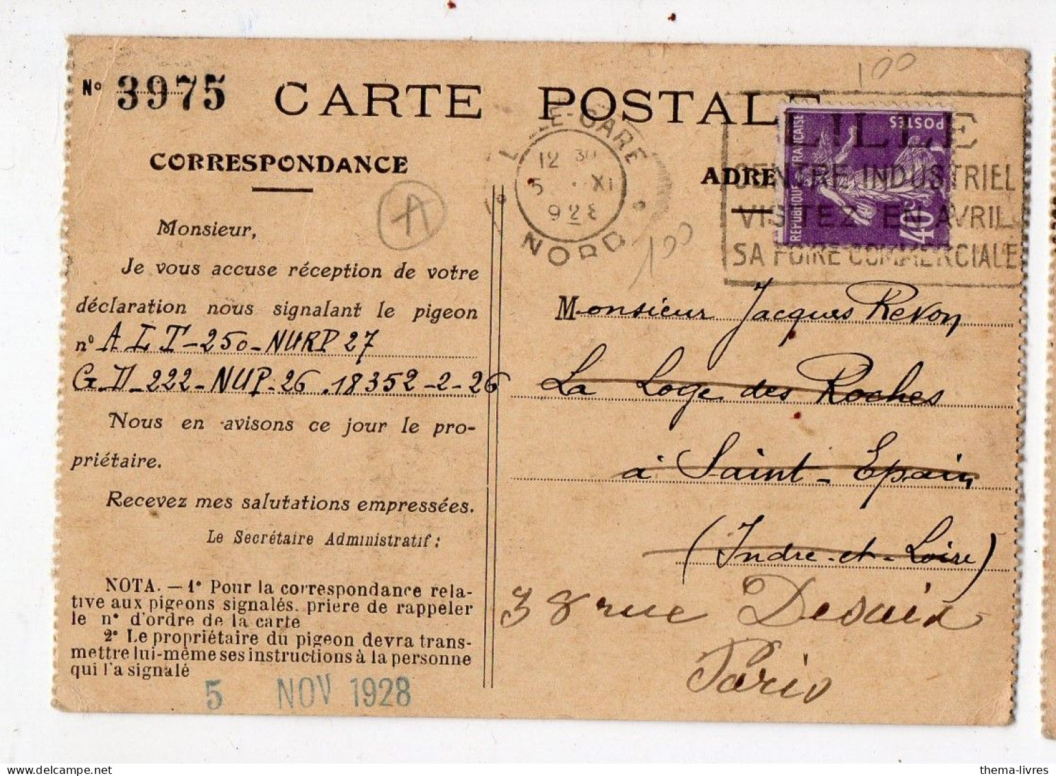 (colombophilie) Accusé Réception Du Signalement D'un Pigeon  Nov 1928    (PPP47264 / A) - Vogels