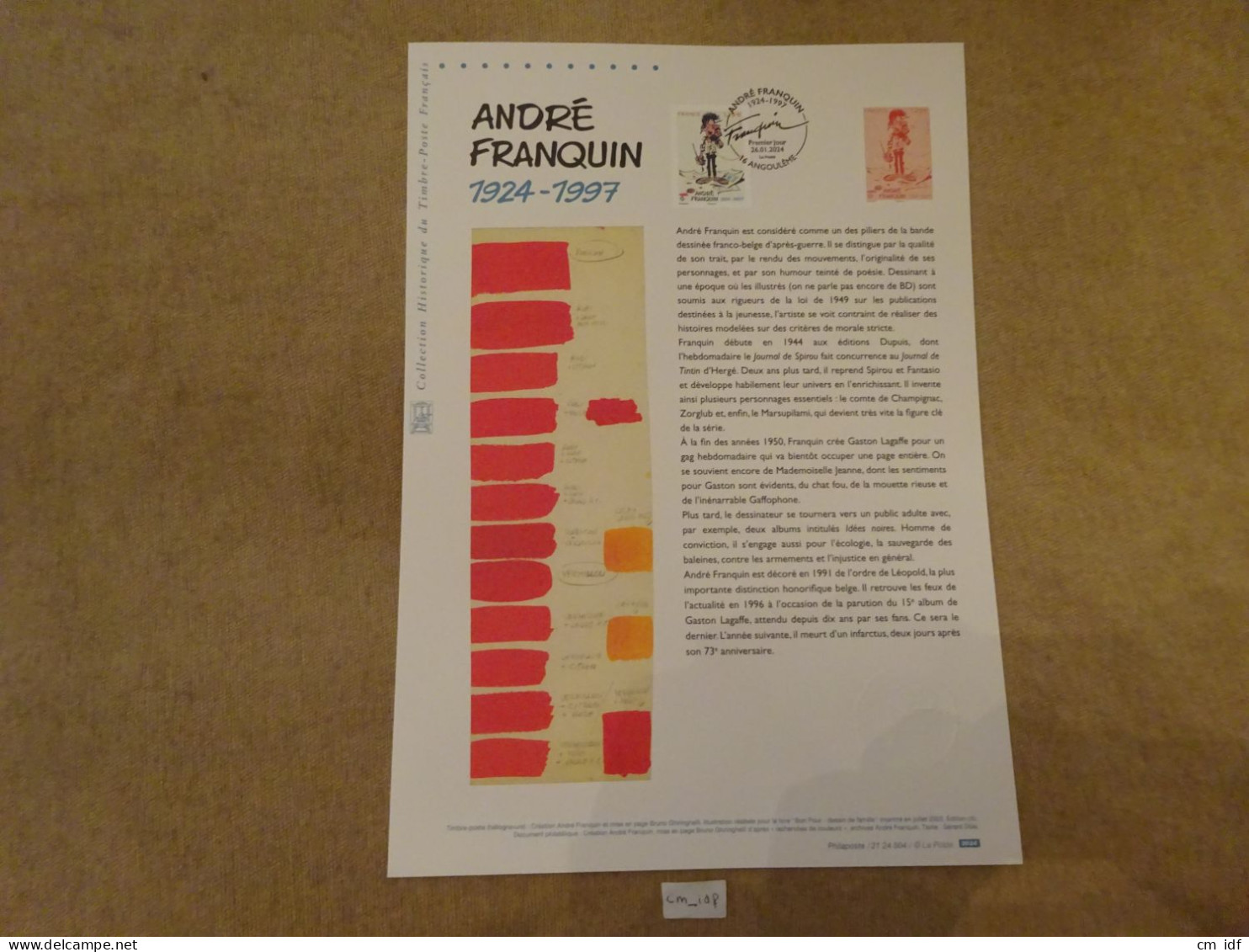 2024 DOCUMENT 1,29 EURO " ANDRÉ FRANQUIN 1924 - 1997 "  OBLITÉRATION 1ER JOUR 26.01.2024 - Documents De La Poste