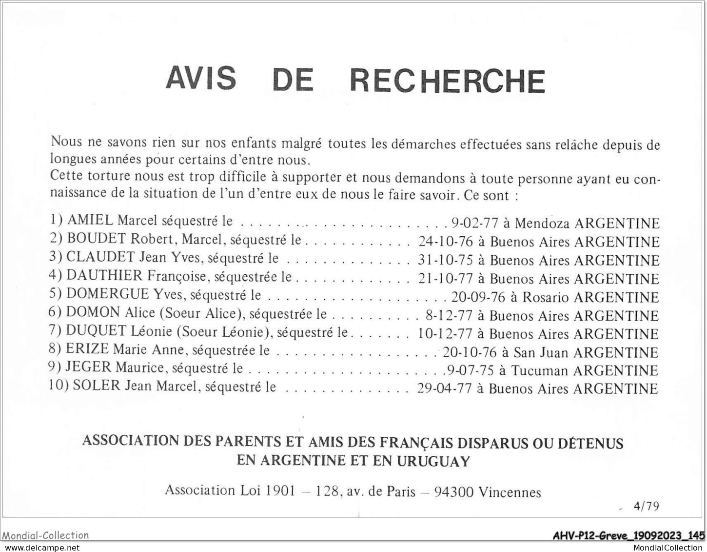 AHVP12-1089 - GREVE - Avis De Recherche  - Huelga