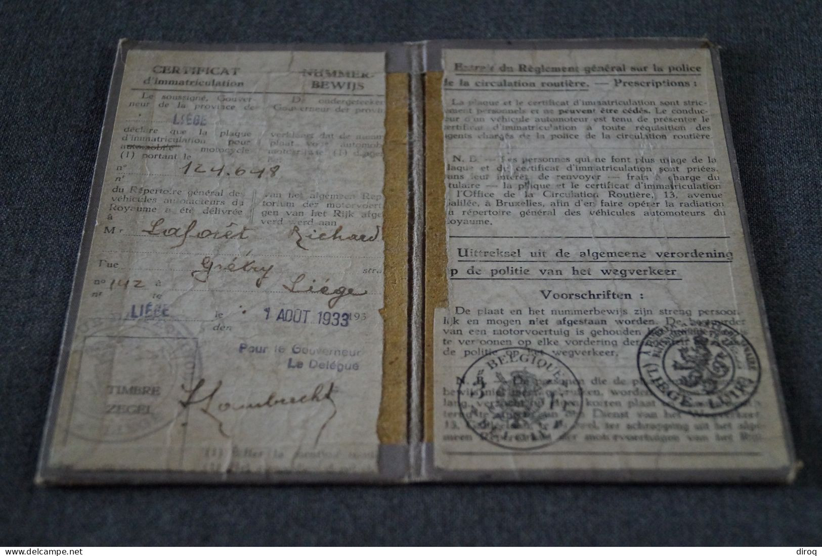 Ancien Certificat D'immatriculation 1933,Liège,original Pour Collection - Historical Documents