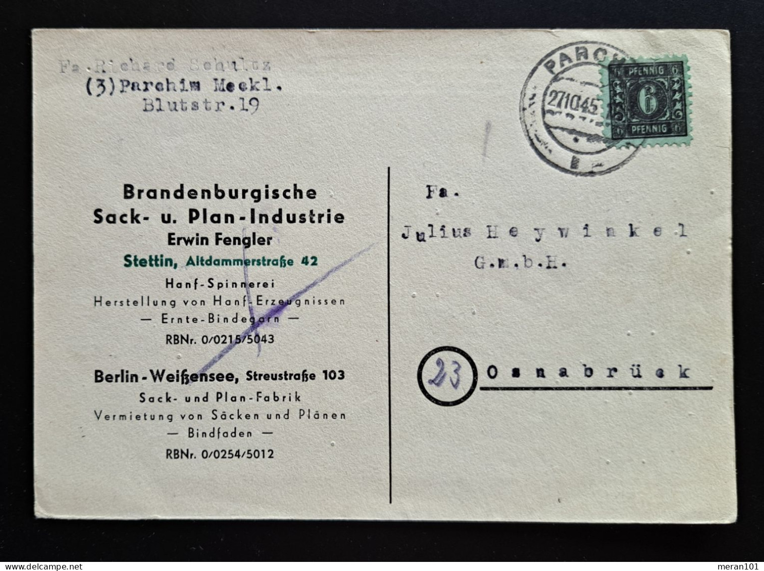 Mecklenburg-Vorpommern 1945, Private Postkarte PARCHIM 27.10.45 Nach Osnabrück - Briefe U. Dokumente