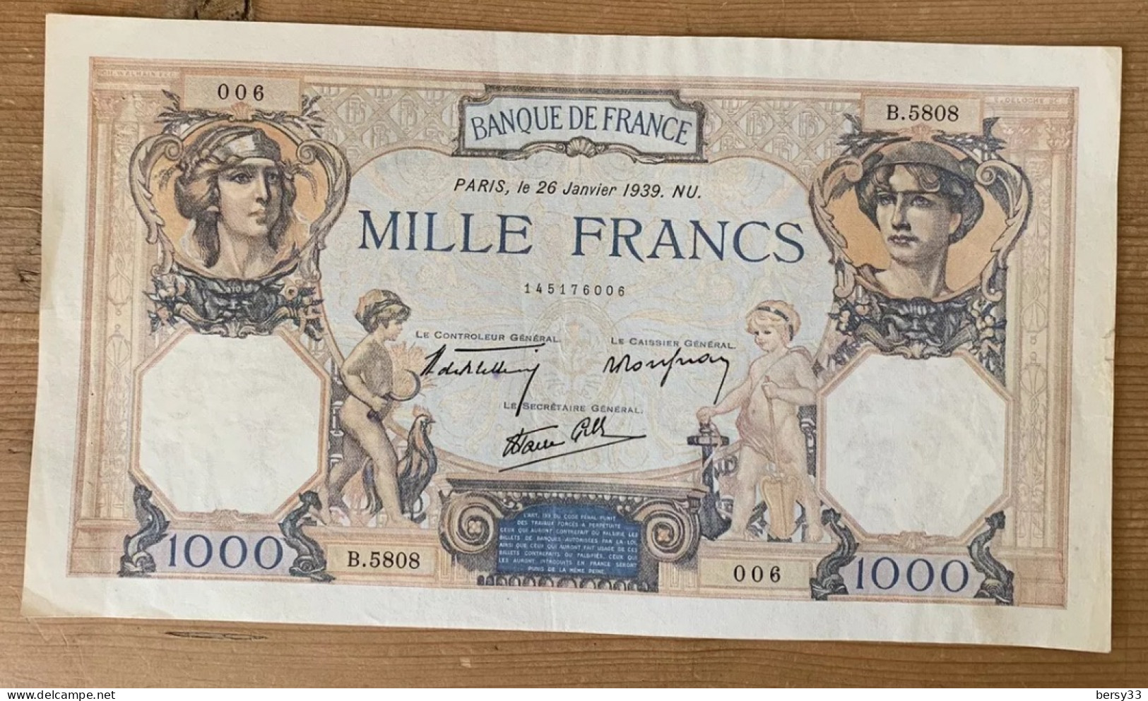 FRANCE Billet 1000 Francs Cérès Et Mercure 26-1-1939 - 1 000 F 1927-1940 ''Cérès E Mercure''