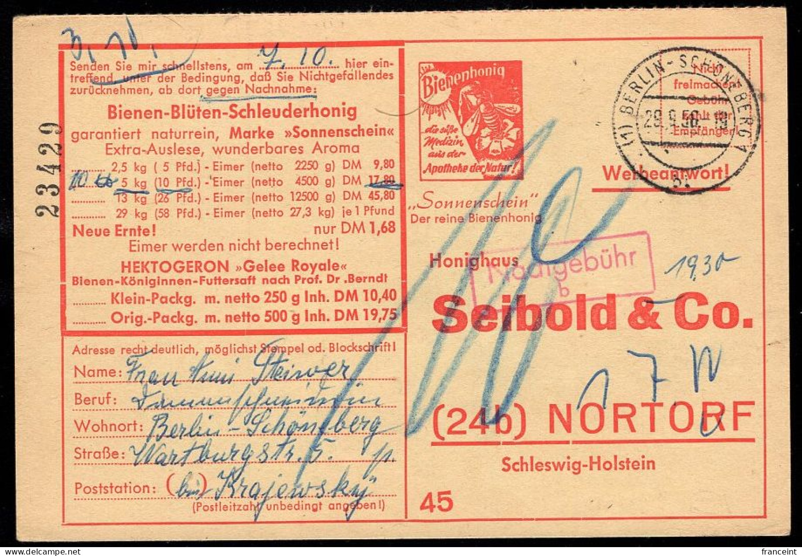 GERMANY(1956) Bee. Honey. Postpaid (by Recipient) Order Card For Various Honey Products Of Seibold & Co. - Cartoline Illustrate - Usati