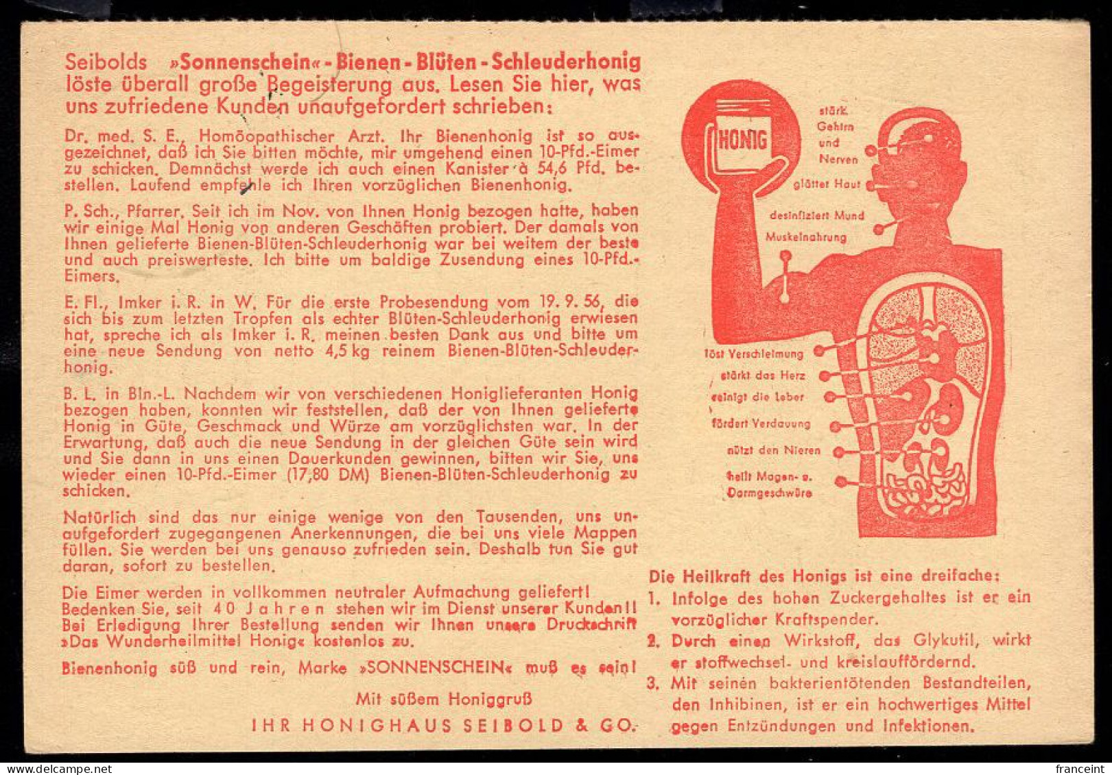 GERMANY(1956) Bee. Honey. Postpaid (by Recipient) Order Card For Various Honey Products Of Seibold & Co. - Cartes Postales Illustrées - Oblitérées