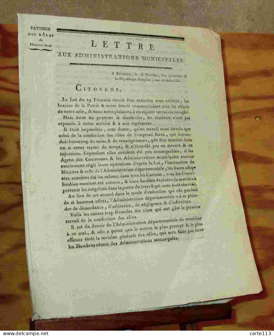 DUPLANTIER  - EMPRUNT FORCE DE L'AN IV - LETTRE AUX ADMINISTRATIONS MUNICIPALES - 1701-1800