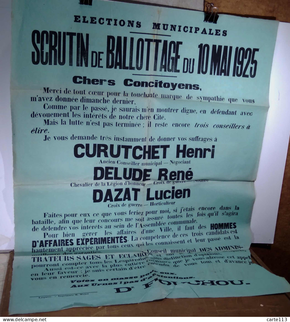 FOUCHOU Docteur - LESPARRE - AFFICHE ELECTORALE - SCRUTIN DE BALLOTAGE DU 10 MAI 1925 - 1901-1940