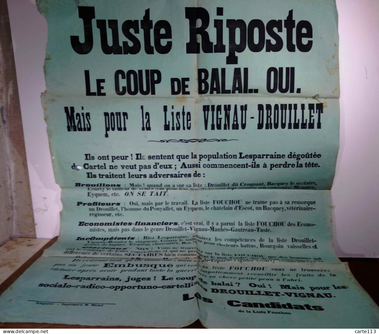 ANONYME  - LESPARRE - AFFICHE POLITIQUE - LISTE VIGNAU-DROUET CONTRE LISTE FOUCH - 1901-1940