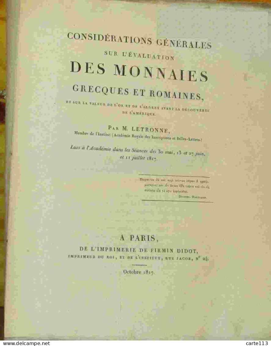 LETRONNE Antoine - CONSIDERATIONS GENERALES SUR L'EVALUATION DES MONNAIES GRECQUES ET RO - 1801-1900