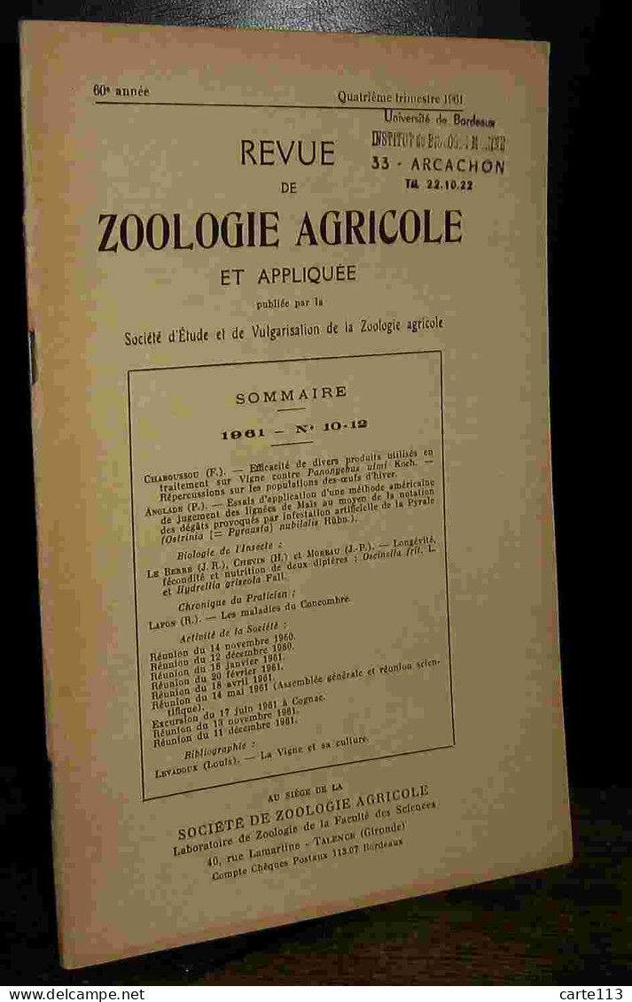 COLLECTIF - REVUE DE ZOOLOGIE AGRICOLE ET APPLIQUEE - 1961 - N° 10 - 12 - Other & Unclassified