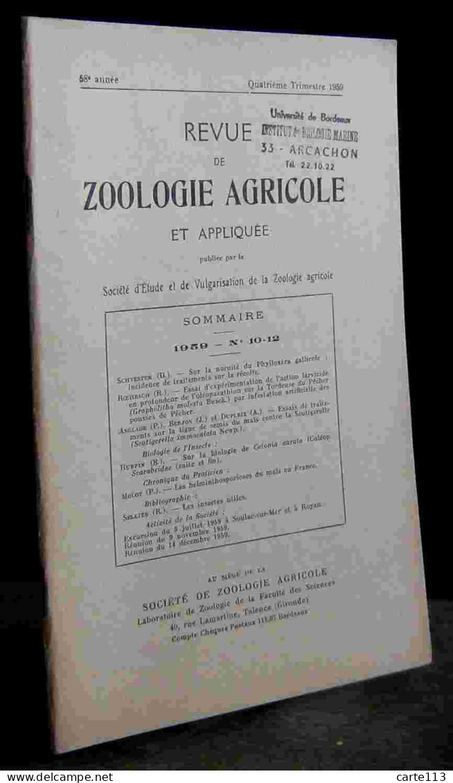 COLLECTIF - REVUE DE ZOOLOGIE AGRICOLE ET APPLIQUEE - 1959 - N° 10 - 12 - Other & Unclassified
