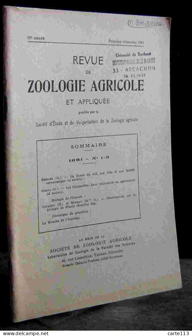 COLLECTIF - REVUE DE ZOOLOGIE AGRICOLE ET APPLIQUEE - 1961 - N° 1 - 3 - Other & Unclassified