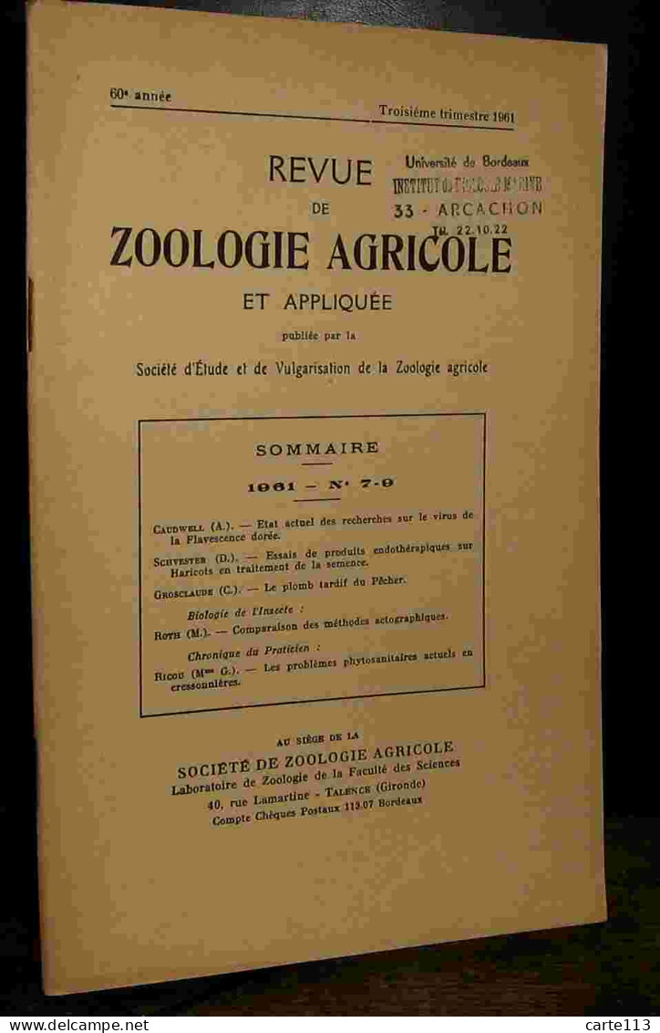COLLECTIF - REVUE DE ZOOLOGIE AGRICOLE ET APPLIQUEE - 1961 - N° 7 - 9 - Other & Unclassified