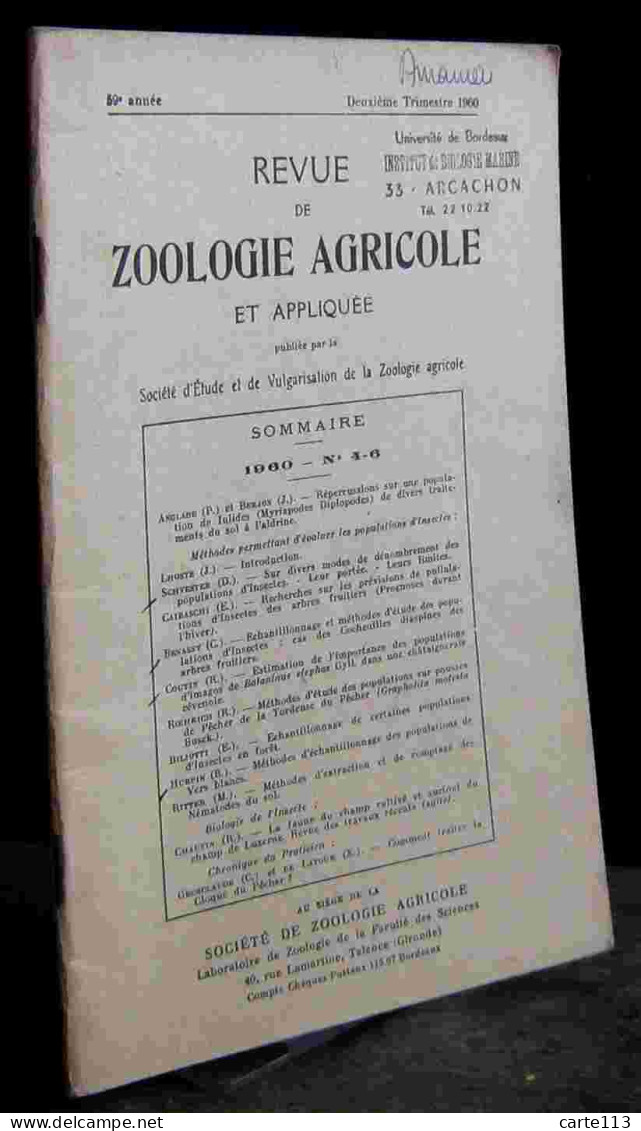 COLLECTIF - REVUE DE ZOOLOGIE AGRICOLE ET APPLIQUEE - 1960 - N° 4 - 6 - Other & Unclassified