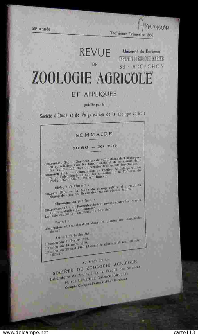 COLLECTIF - REVUE DE ZOOLOGIE AGRICOLE ET APPLIQUEE - 1960 - N° 7 - 9 - Other & Unclassified