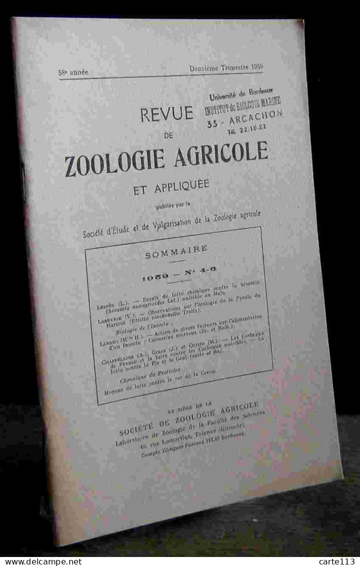 COLLECTIF - REVUE DE ZOOLOGIE AGRICOLE ET APPLIQUEE - 1959 - N°4 - 6 - Other & Unclassified