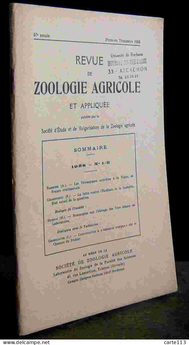 COLLECTIF - REVUE DE ZOOLOGIE AGRICOLE ET APPLIQUEE - 1958 - N°1 - 3 - Other & Unclassified