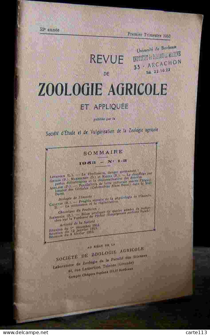 COLLECTIF - REVUE DE ZOOLOGIE AGRICOLE ET APPLIQUEE - 1953 - N° 1 - 3 - Other & Unclassified