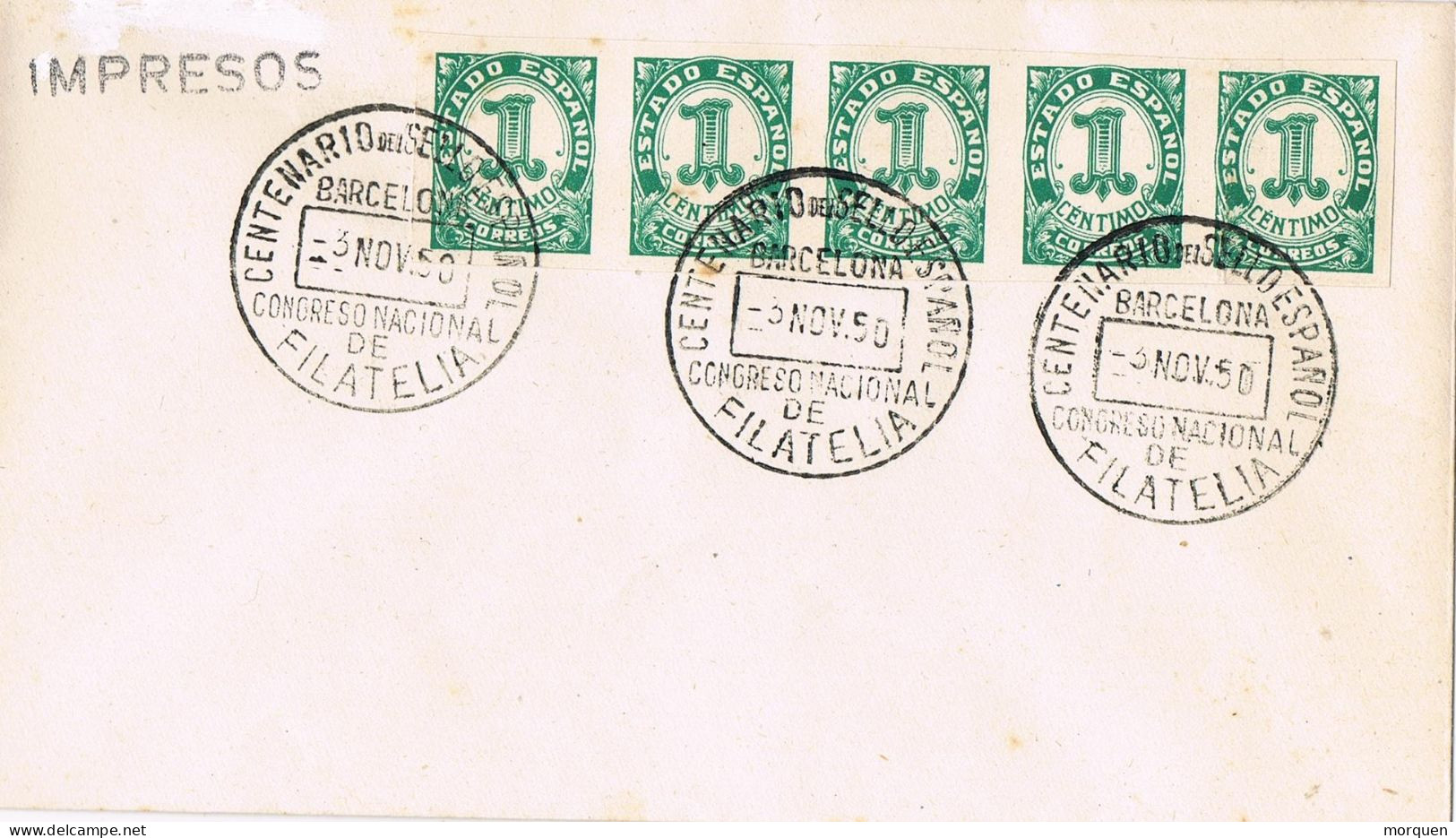 54933. Carta Impresos BARCELONA 1950. Centenario Sello Español. Tira 5 Sellos 1 C. - Briefe U. Dokumente