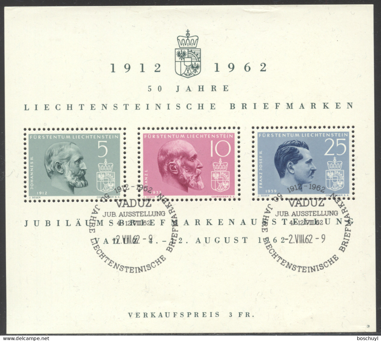 Liechtenstein, 1962, Vaduz Philatelic Exhibition, Kings, Royal, Nr 3, FD Cancelled, Full Gum, Michel Block 6 - Bloques & Hojas