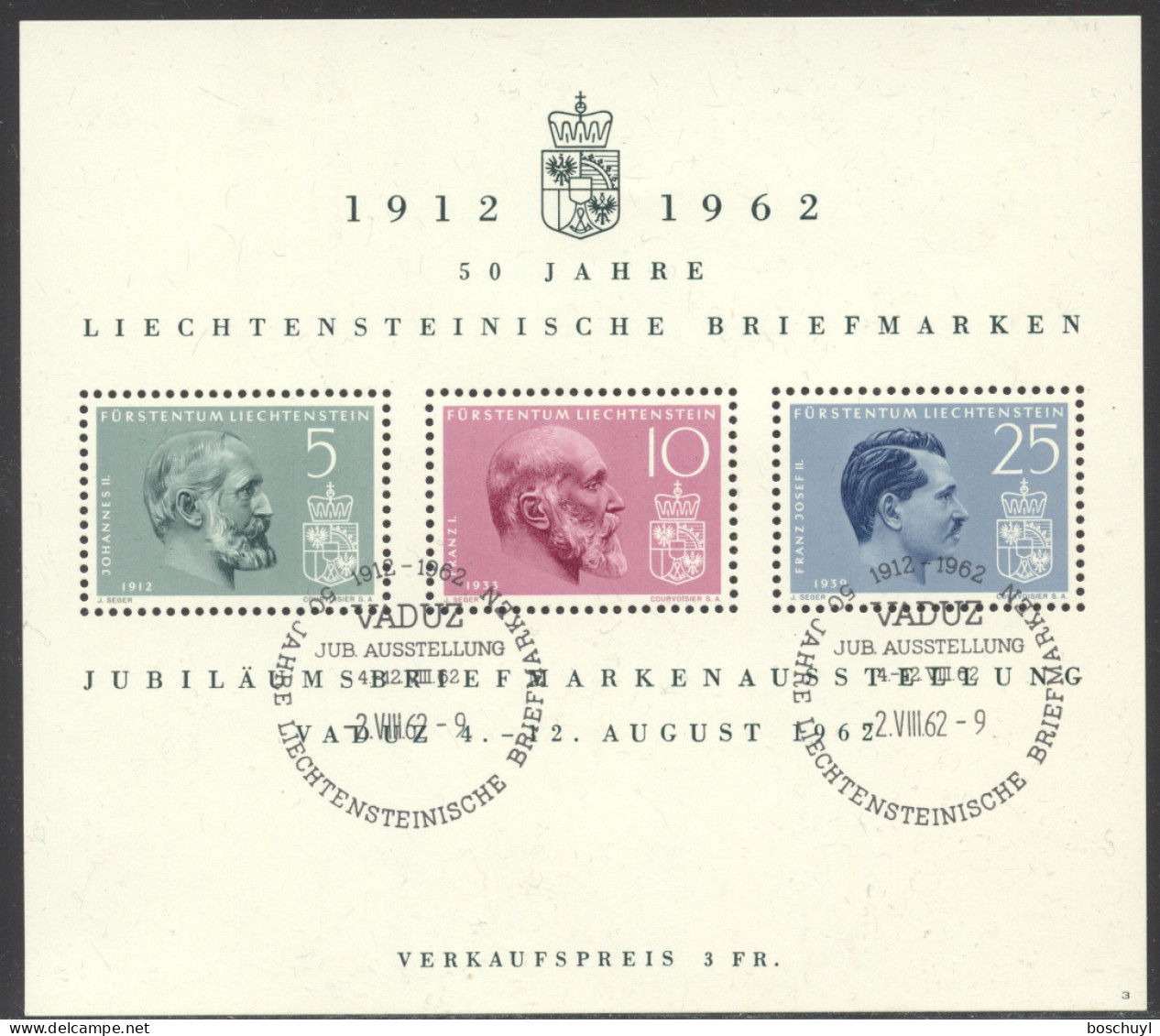 Liechtenstein, 1962, Vaduz Philatelic Exhibition, Kings, Royal, Nr 3, FD Cancelled, Full Gum, Michel Block 6 - Blocks & Kleinbögen